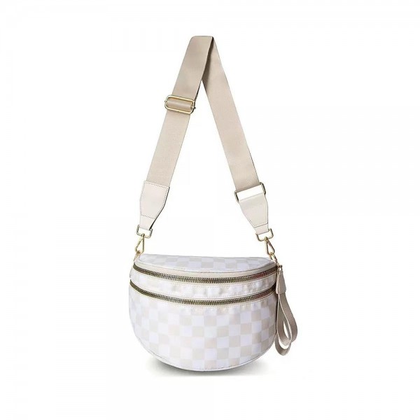 Nylon Cross Body Bag With Canvas Strap 

- 2 Front Zip Pockets, 1 Back Zip Pocket 
- Lined Body With Internal Zip Pocket 
- Approximately 13" L X 8" T X 4" D
