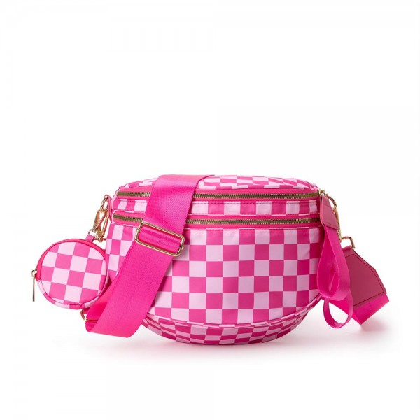 Nylon Cross Body Bag With Canvas Strap 

- 2 Front Zip Pockets, 1 Back Zip Pocket 
- Removable Round Pouch Included 
- Lined Body With Internal Zip Pocket 
- Approximately 11" L X 8" T X 4" D