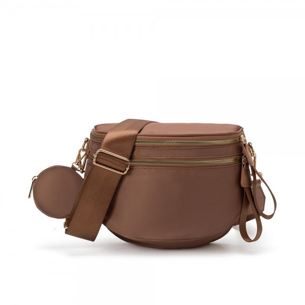 Nylon Cross Body Bag With Canvas Strap 

- 2 Front Zip Pockets, 1 Back Zip Pocket 
- Removable Round Pouch Included 
- Lined Body With Internal Zip Pocket 
- Approximately 11" L X 8" T X 4" D