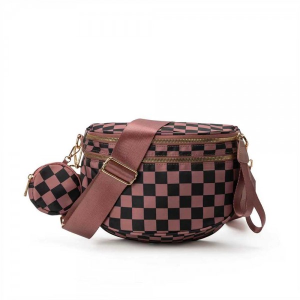 Nylon Cross Body Bag With Canvas Strap 

- 2 Front Zip Pockets, 1 Back Zip Pocket 
- Removable Round Pouch Included 
- Lined Body With Internal Zip Pocket 
- Approximately 11" L X 8" T X 4" D