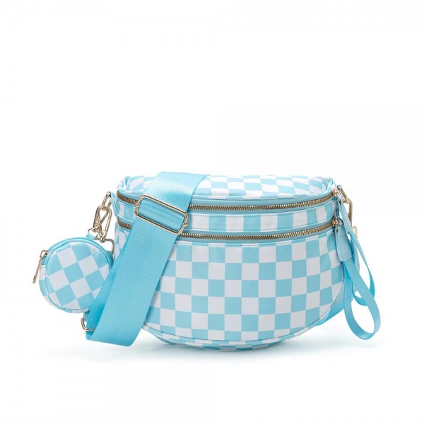 Nylon Cross Body Bag With Canvas Strap 

- 2 Front Zip Pockets, 1 Back Zip Pocket 
- Removable Round Pouch Included 
- Lined Body With Internal Zip Pocket 
- Approximately 11" L X 8" T X 4" D