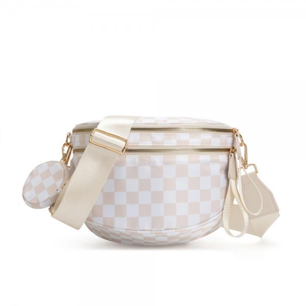 Nylon Cross Body Bag With Canvas Strap 

- 2 Front Zip Pockets, 1 Back Zip Pocket 
- Removable Round Pouch Included 
- Lined Body With Internal Zip Pocket 
- Approximately 11" L X 8" T X 4" D