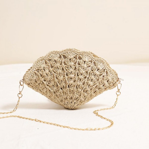 Woven Straw Shell Crossbody Bag With Chain Link Strap 

- Full Zip Closure
- Lined Body 
- Approximately 12" L X 8.5" T 