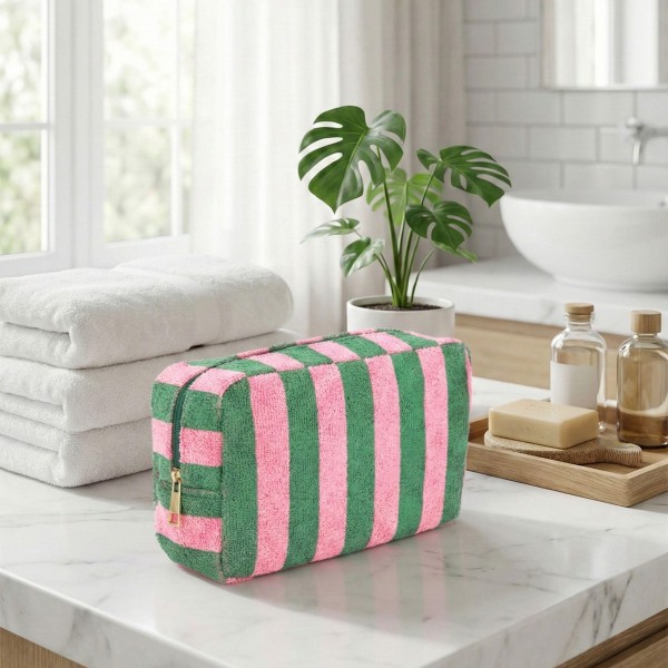 Stripe Terry Cloth Pouch 

-Full Zip Closure
- Lined Body 
- Approximately 8" L X 6" T X 3" D