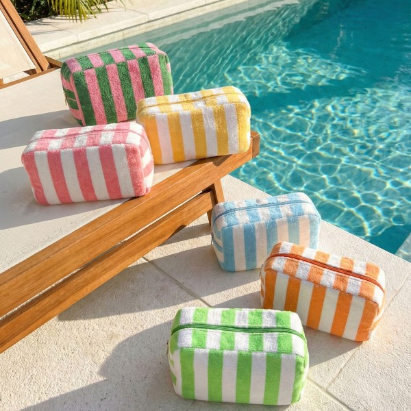 Stripe Terry Cloth Pouch 

-Full Zip Closure
- Lined Body 
- Approximately 8" L X 6" T X 3" D