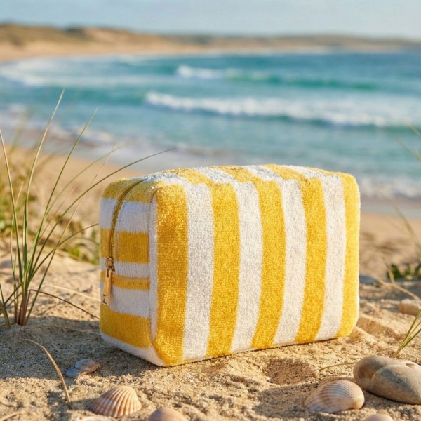 Stripe Terry Cloth Pouch 

-Full Zip Closure
- Lined Body 
- Approximately 8" L X 6" T X 3" D