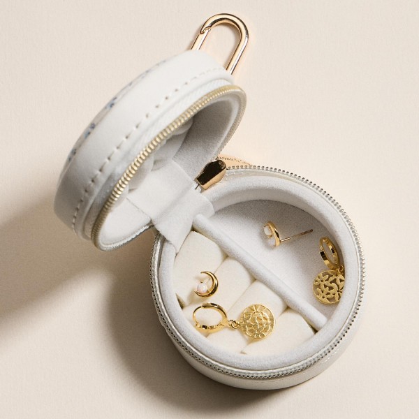 Vegan Leather Flowers Print Jewelry Box Key Ring 

- Full Zip Closure 
- Earring Holder 
- 3 Ring Slots 
- Approximately 2.25" T X 2.25" L