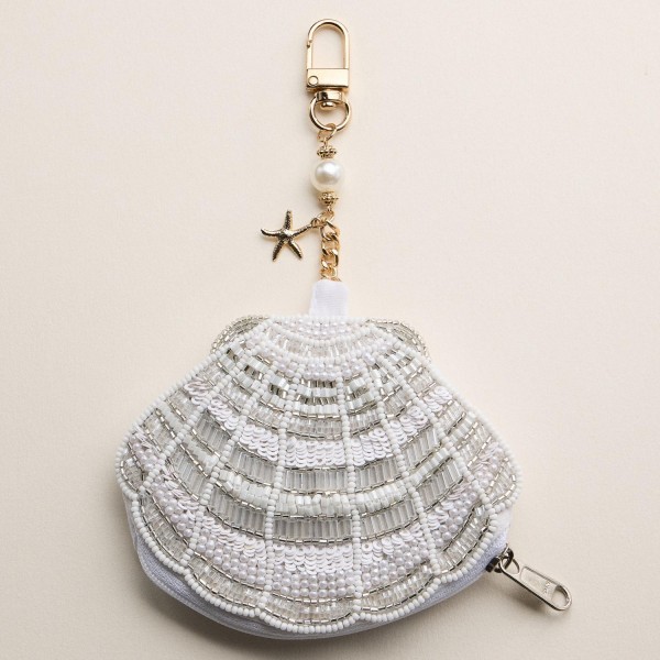 Seed Beaded Shell Pouch Key Ring

- Approximately 7" L