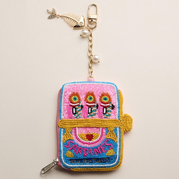 Seed Beaded Sardines Tin Pouch Key Ring 

- Approximately 8" L