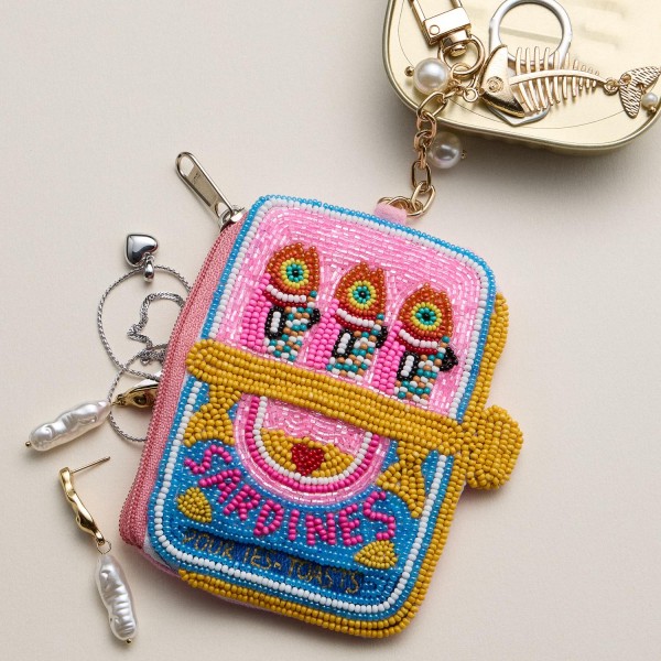 Seed Beaded Sardines Tin Pouch Key Ring - Approximately 8" L view 5