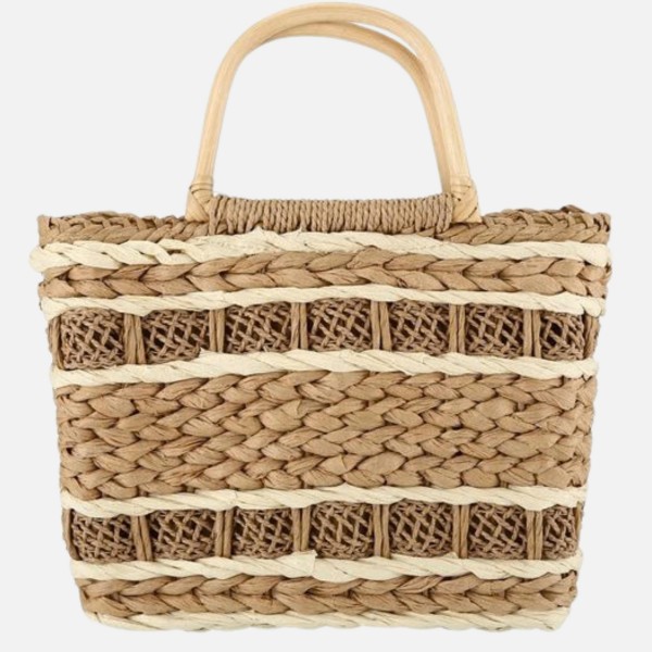 Two Tone Woven Straw Tote Bag With Wooden Handles

- Full Zip Closure
- Lined Body
- 1 Open Pocket
- Approximately 11" L X 8" T X 3" D