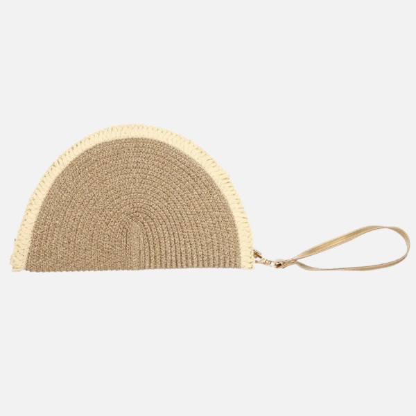 Two Tone Half Circle Woven Straw & Tinsel Wristlet 

- Full Zip Closure
- Lined Body
- 1 Open Pocket
- Removable Cross Body Strap 
- Approximately 10.5" L X 6.5" T 