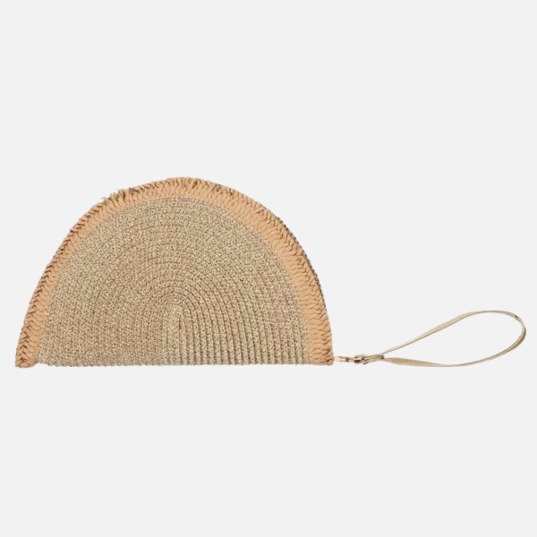 Two Tone Half Circle Woven Straw & Tinsel Wristlet 

- Full Zip Closure
- Lined Body
- 1 Open Pocket
- Removable Cross Body Strap 
- Approximately 10.5" L X 6.5" T 