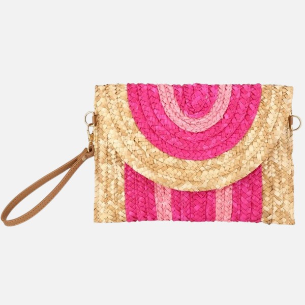 Multi Color Woven Straw Wristlet

- Lined Body
- Snap Closure
- One Inner Pocket 
- Removable Cross Body Strap 
- Approximately 11" L X 7" T