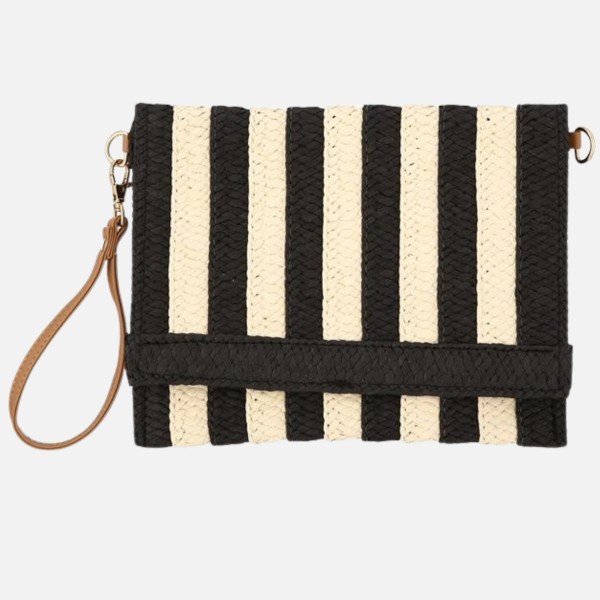 Two Tone Woven Straw Wristlet 

- Snap Closure 
- Lined Body
- 1 Open Pocket
- Approximately 10" L X 8" T 