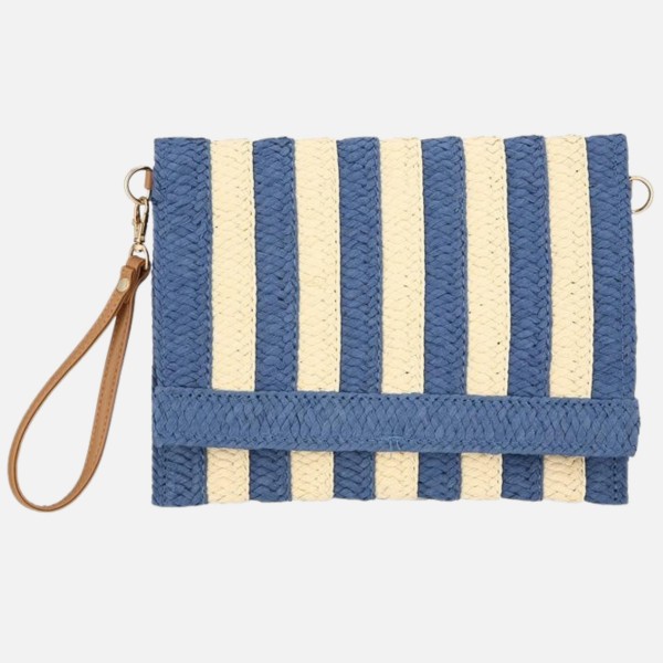 Two Tone Woven Straw Wristlet 

- Snap Closure 
- Lined Body
- 1 Open Pocket
- Approximately 10" L X 8" T 