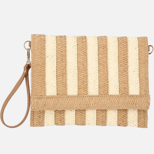 Two Tone Woven Straw Wristlet 

- Snap Closure 
- Lined Body
- 1 Open Pocket
- Approximately 10" L X 8" T 