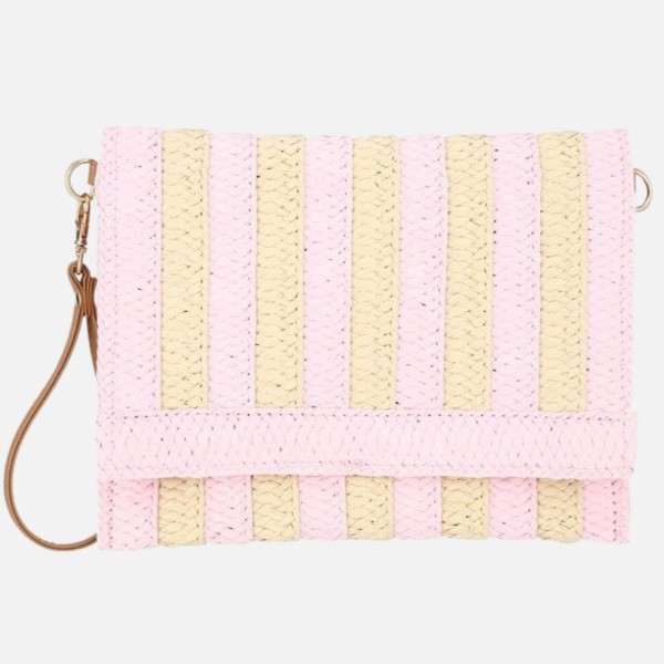 Two Tone Woven Straw Wristlet 

- Snap Closure 
- Lined Body
- 1 Open Pocket
- Approximately 10" L X 8" T 