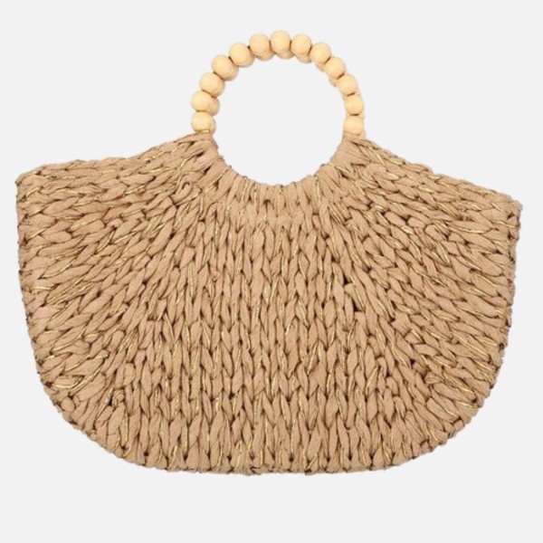 Woven Straw & Tinsel Tote Bag With Wood Beaded Handles 

- Lined Body
- Drawstring Closure
- One Inner Pocket 
- Approximately 16" L X 10" T X 2" D