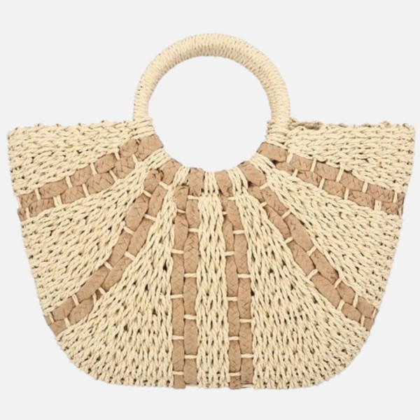 Woven Straw Tote Bag With Fanned Stripes Detail 

- Lined Body
- Drawstring Closure
- One Inner Pocket 
- Approximately 16" L X 10" T X 2" D