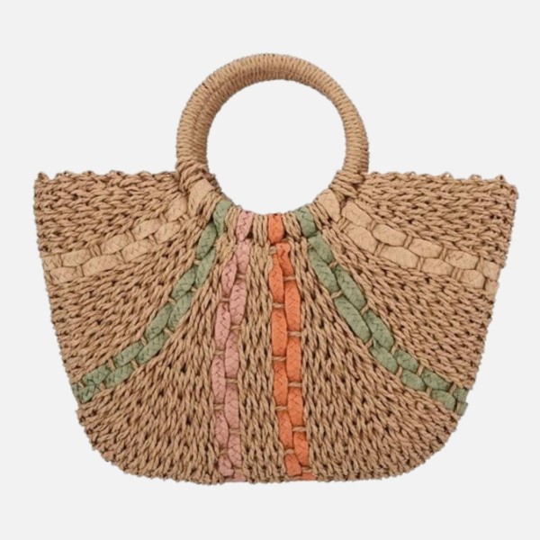 Woven Straw Tote Bag With Fanned Stripes Detail 

- Lined Body
- Drawstring Closure
- One Inner Pocket 
- Approximately 16" L X 10" T X 2" D