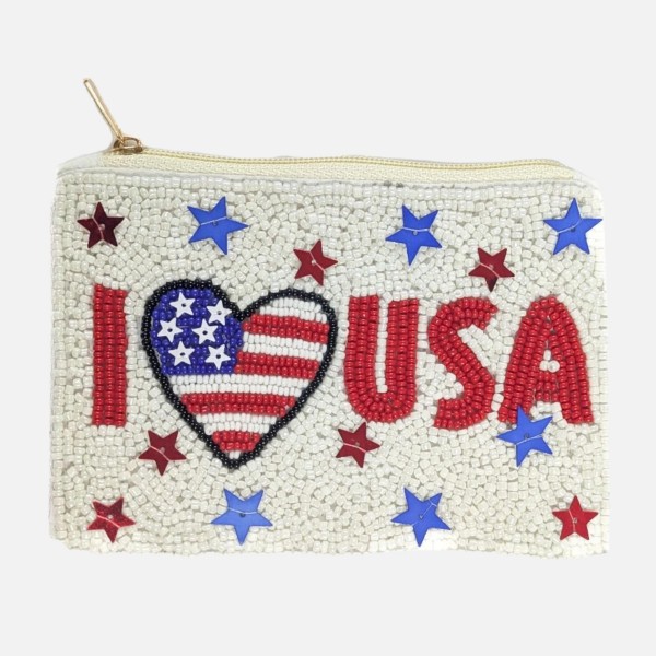 "I Love USA" Americana Seed Beaded Canvas Pouch 

- Fully Lined Inside
- 100% Cotton Bag
- Approximately 5" L X 4" T