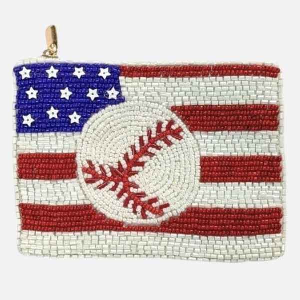 American Flag & Baseball Seed Beaded Canvas Pouch 

- Fully Lined Inside
- 100% Cotton Bag
- Approximately 5" L X 4" T