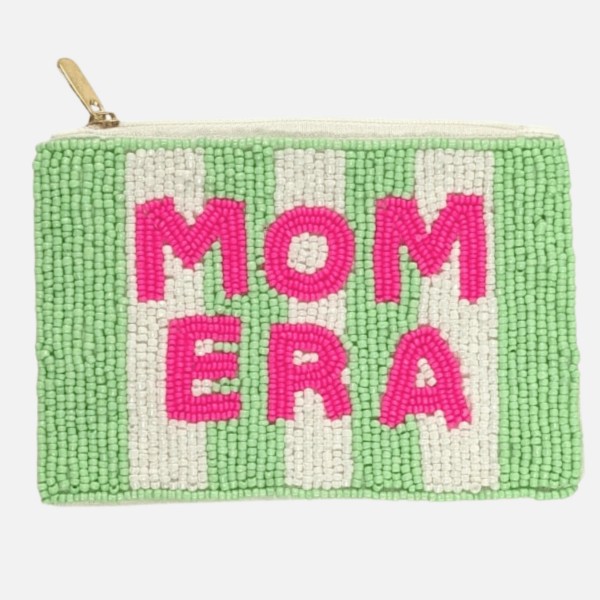 "MOM ERA" Striped Seed Beaded Canvas Pouch 

- Fully Lined Inside
- 100% Cotton Bag
- Approximately 5" L X 4" T