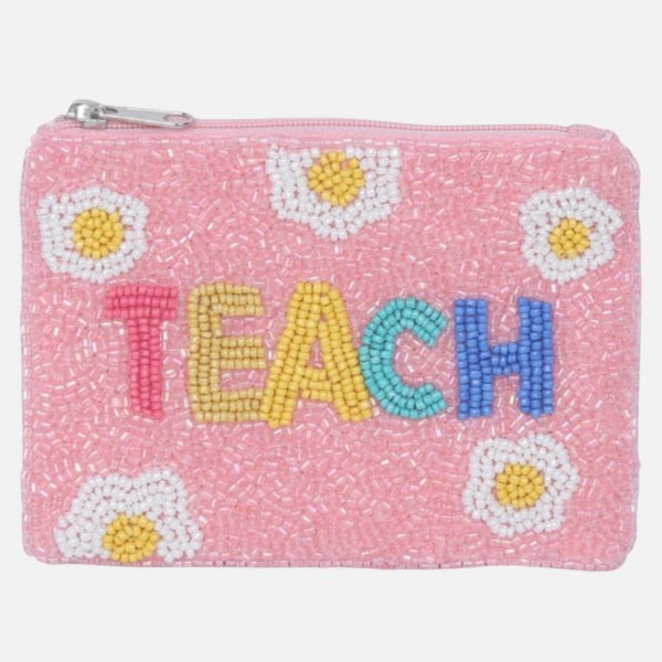 "TEACH" Seed Beaded Canvas Pouch

- Fully Lined Inside
- 100% Cotton Bag
- Approximately 5" L X 4" T