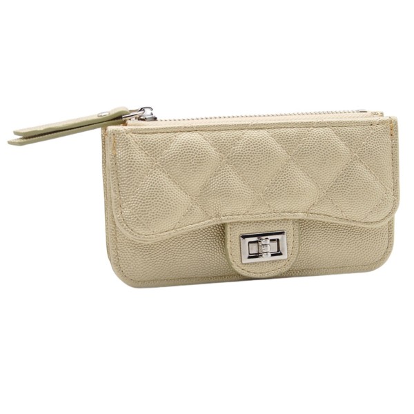 Quilted Vegan Leather Wallet With Turn Lock Closure 

- Outer Driver's License Holder 
- 4 Outer Card Holders 
- 1 Outer Open Pocket 
- Full Zip Closure 
- Internal Chain Link Key Ring 
- Approximately 5.5" L X 3" T X 1" D