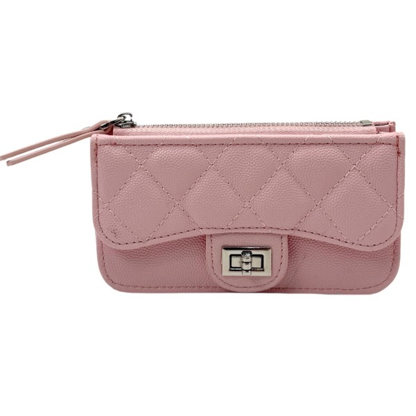 Quilted Vegan Leather Wallet With Turn Lock Closure 

- Outer Driver's License Holder 
- 4 Outer Card Holders 
- 1 Outer Open Pocket 
- Full Zip Closure 
- Internal Chain Link Key Ring 
- Approximately 5.5" L X 3" T X 1" D