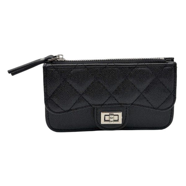 Quilted Vegan Leather Wallet With Turn Lock Closure 

- Outer Driver's License Holder 
- 4 Outer Card Holders 
- 1 Outer Open Pocket 
- Full Zip Closure 
- Internal Chain Link Key Ring 
- Approximately 5.5" L X 3" T X 1" D