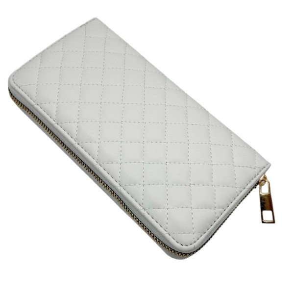 Quilted Vegan Leather Wallet 

- Full Zip Closure
- 5 Open Pockets 
- 1 Zip Pocket 
- 8 Card Holders 
- Removeable Wristlet Handle 
- Approximately 7.5" L X 4" T X .5" D