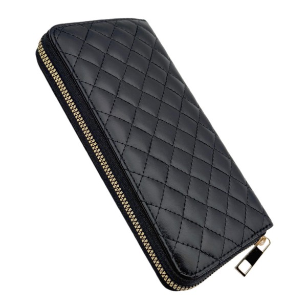 Quilted Vegan Leather Wallet 

- Full Zip Closure
- 5 Open Pockets 
- 1 Zip Pocket 
- 8 Card Holders 
- Removeable Wristlet Handle 
- Approximately 7.5" L X 4" T X .5" D
