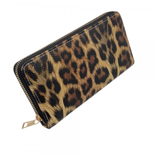 Leopard Print Vegan Leather Wallet 

- Full Zip Closure
- 5 Open Pockets 
- 1 Zip Pocket 
- 8 Card Holders
- Removeable Wristlet Handle  
- Approximately 7.5" L X 4" T X .5" D