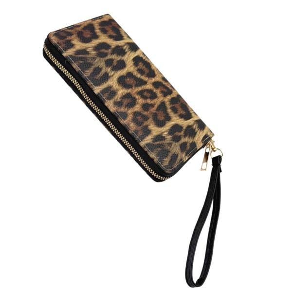 Leopard Print Vegan Leather Wallet 

- Full Zip Closure
- 5 Open Pockets 
- 1 Zip Pocket 
- 8 Card Holders
- Removeable Wristlet Handle  
- Approximately 7.5" L X 4" T X .5" D