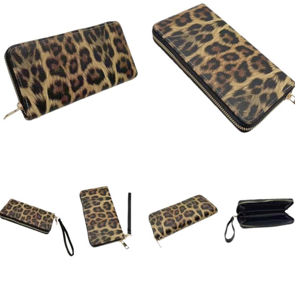 Leopard Print Vegan Leather Wallet - Full Zip Closure - 5 Open Pockets - 1 Zip Pocket - 8 Card Holders - Removeable Wristlet Handle - Approximately 7.5" L X 4" T X .5" D view 5