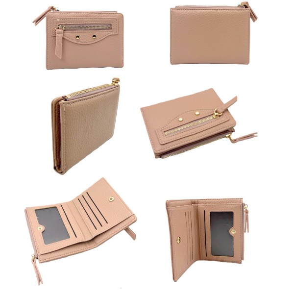 Vegan Leather Bifold Wallet

- 2 Outer Zip Pockets
- Snap Closure
- 2 Open Pockets
- 1 Drivers License Holder
- Three Card Holders
- Approximately 5" L X 3.5" T