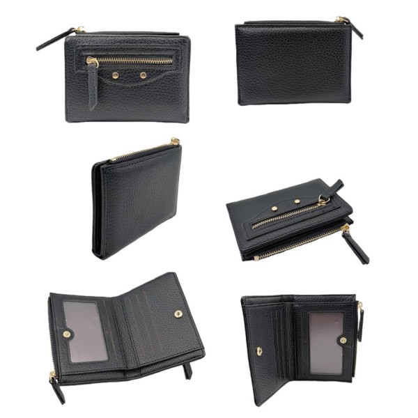 Vegan Leather Bifold Wallet

- 2 Outer Zip Pockets
- Snap Closure
- 2 Open Pockets
- 1 Drivers License Holder
- Three Card Holders
- Approximately 5" L X 3.5" T