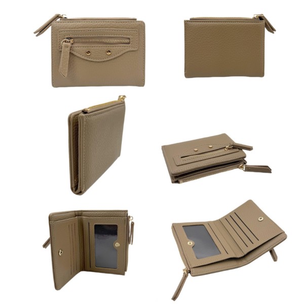 Vegan Leather Bifold Wallet

- 2 Outer Zip Pockets
- Snap Closure
- 2 Open Pockets
- 1 Drivers License Holder
- Three Card Holders
- Approximately 5" L X 3.5" T