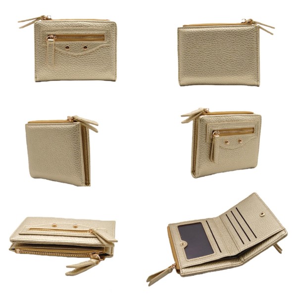 Vegan Leather Bifold Wallet

- 2 Outer Zip Pockets
- Snap Closure
- 2 Open Pockets
- 1 Drivers License Holder
- Three Card Holders
- Approximately 5" L X 3.5" T