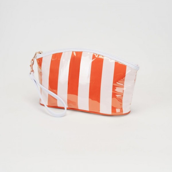 Striped Pouch With Wristlet Strap

- Full Zip Closure
- Lined Body
- One Internal Zip Pocket
- Approximately 11" L X 6.25" T X 3.5" D