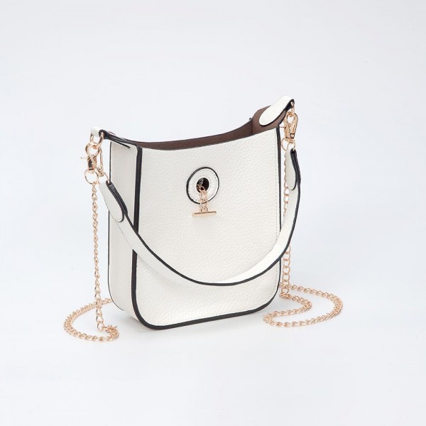 Vegan Leather Rectangular Tote Bag With Toggle Clasp 

- Removable Tote Handle 
- Removable Cross Body Chain Link Strap 
- Approximately 7" L X 8" T X 2" D 