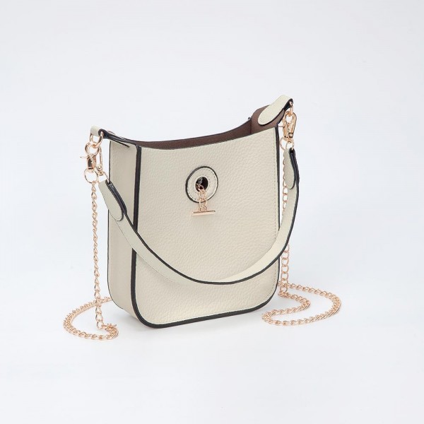 Vegan Leather Rectangular Tote Bag With Toggle Clasp 

- Removable Tote Handle 
- Removable Cross Body Chain Link Strap 
- Approximately 7" L X 8" T X 2" D 