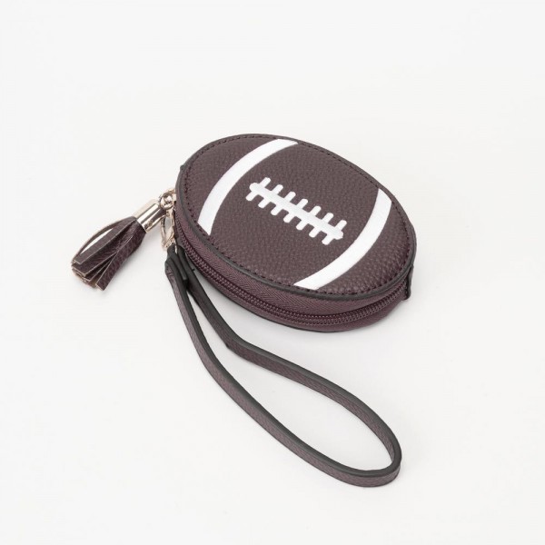 Vegan Leather Football Wristlet 

- Full Zip Closure
- Removeable Wristlet Strap
- Approximately 4.5" L X 3.5" T X 1.25" D