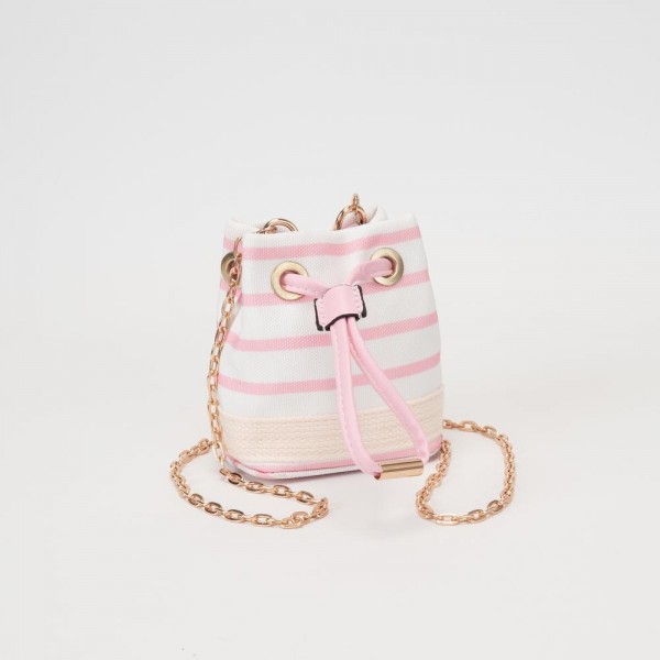 Mini Canvas Cross Body Bucket Bag

- Drawstring Closure
- Removable Chain Link Crossbody Strap
- Approximately 3.5" L X 4" T X 2.5" D