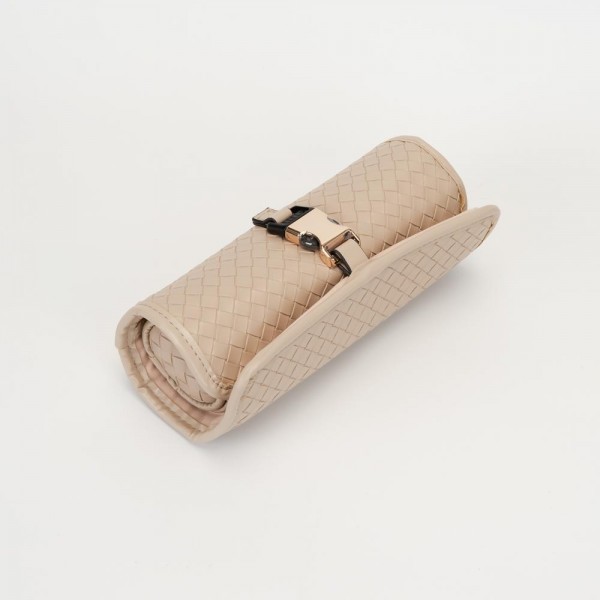 Woven Vegan Leather Roll Up Jewelry Organizer 

- Metal & Plastic Buckle Closure
- 2 Snap Ring Holders 
- 4 Earrings Holders 
- 3 Snap Necklace Holders 
- 1 Zip Pocket 
- 1 Open Pocket 
- Velvet Divider 
- Woven Vegan Leather Cylinder Pouch Included 
- Approximately 8.75" L X 3" T X 2.5" D
