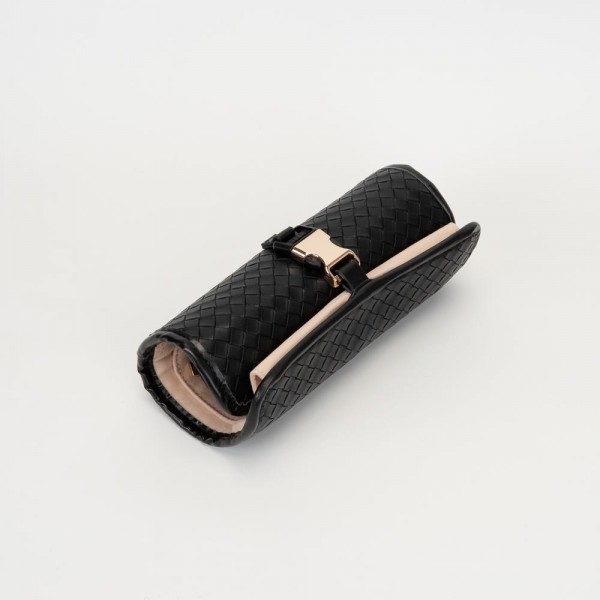 Woven Vegan Leather Roll Up Jewelry Organizer 

- Metal & Plastic Buckle Closure
- 2 Snap Ring Holders 
- 4 Earrings Holders 
- 3 Snap Necklace Holders 
- 1 Zip Pocket 
- 1 Open Pocket 
- Velvet Divider 
- Woven Vegan Leather Cylinder Pouch Included 
- Approximately 8.75" L X 3" T X 2.5" D
