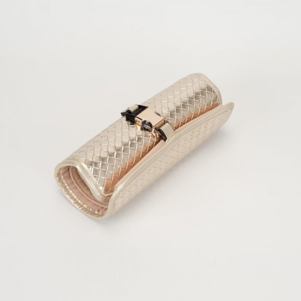 Woven Vegan Leather Roll Up Jewelry Organizer 

- Metal & Plastic Buckle Closure
- 2 Snap Ring Holders 
- 4 Earrings Holders 
- 3 Snap Necklace Holders 
- 1 Zip Pocket 
- 1 Open Pocket 
- Velvet Divider 
- Woven Vegan Leather Cylinder Pouch Included 
- Approximately 8.75" L X 3" T X 2.5" D
