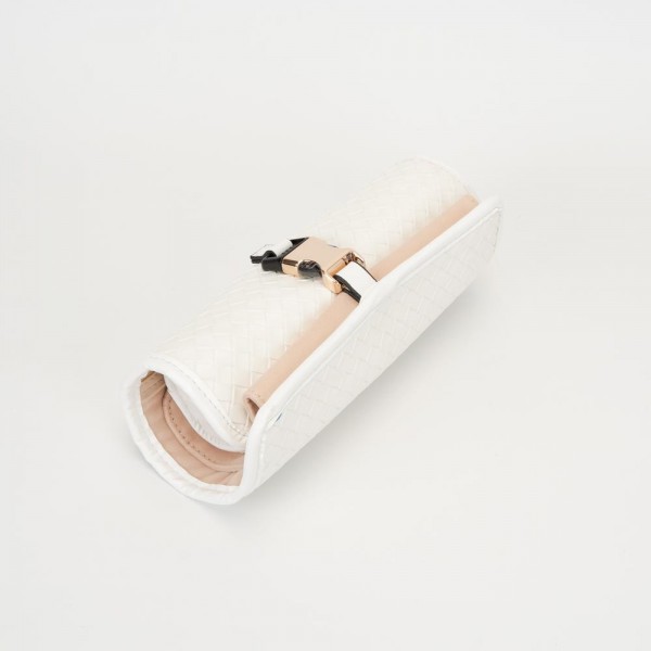 Woven Vegan Leather Roll Up Jewelry Organizer 

- Metal & Plastic Buckle Closure
- 2 Snap Ring Holders 
- 4 Earrings Holders 
- 3 Snap Necklace Holders 
- 1 Zip Pocket 
- 1 Open Pocket 
- Velvet Divider 
- Woven Vegan Leather Cylinder Pouch Included 
- Approximately 8.75" L X 3" T X 2.5" D
